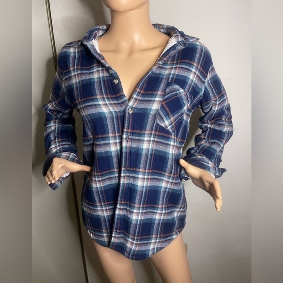 𝅺AMBIANCE Sherpa lined jacket plaid blue size small - Picture 6 of 12